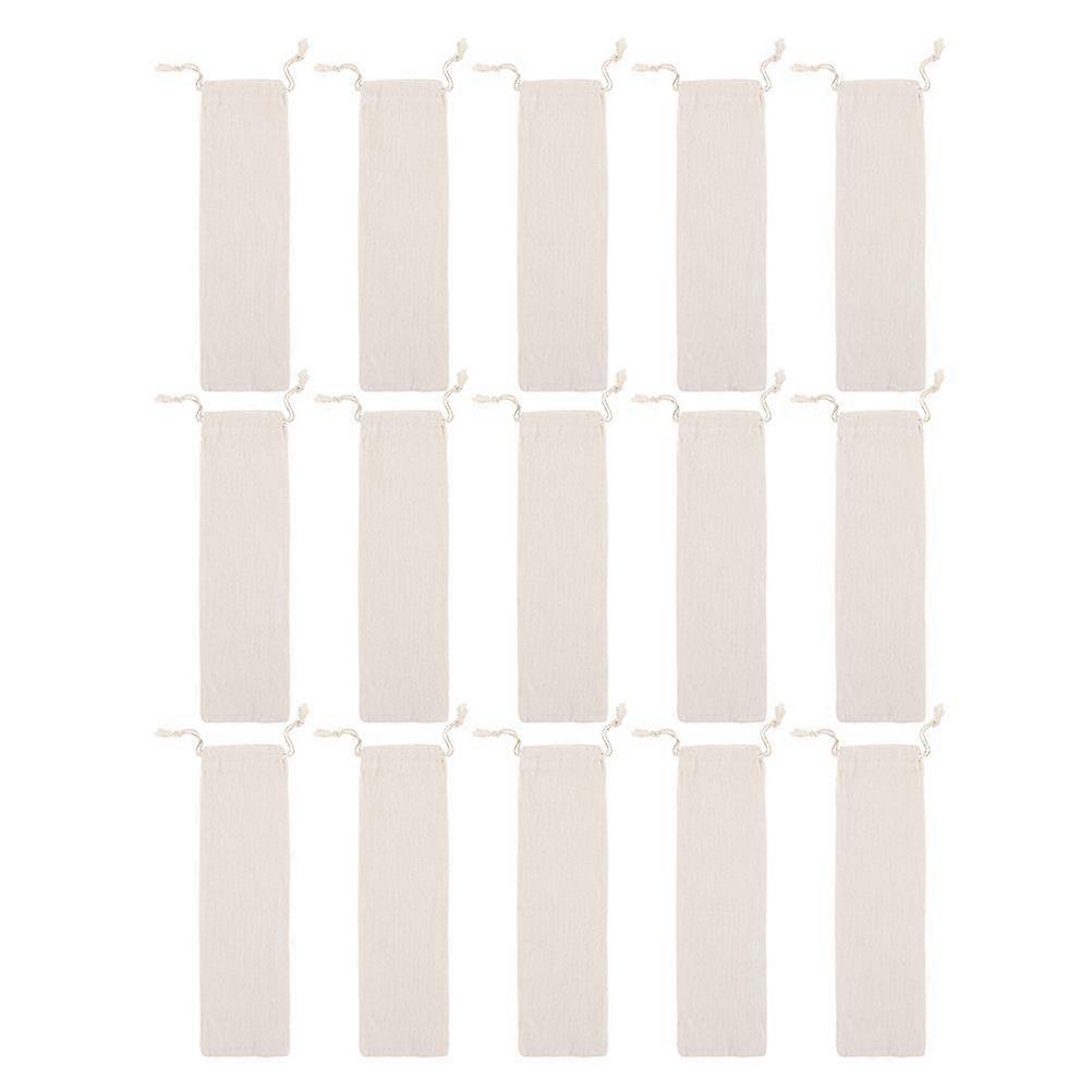 15Pcs Simple Cotton Linen Drawstring Bag Practical Straw Storage Pouch (Beige)