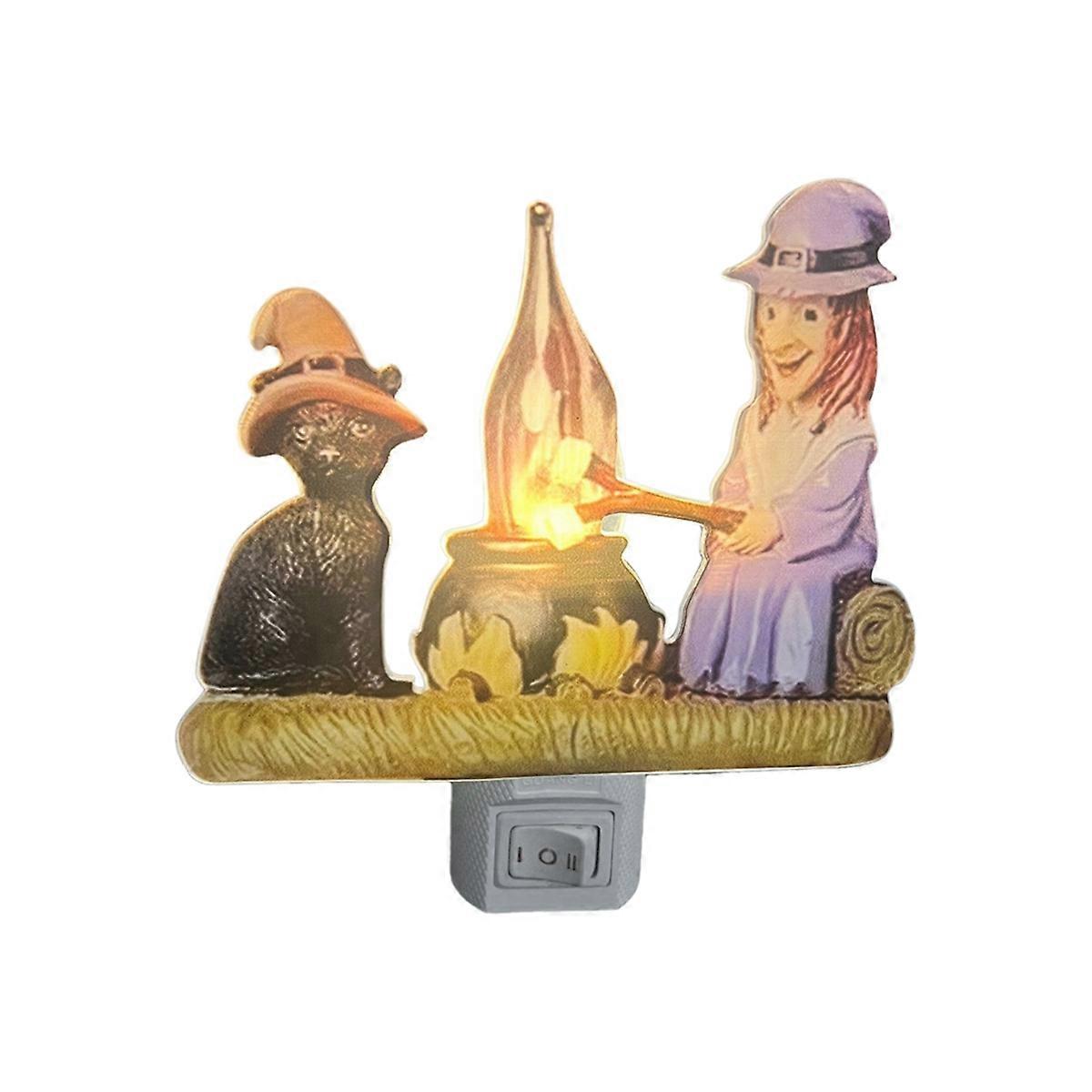 Cat and Witch Campfire Flickering Nightlight EU Plug