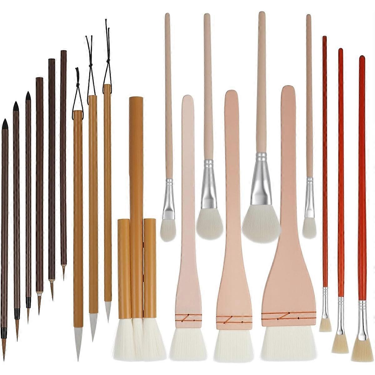 20Pcs Pottery Brushes for Glazing, Ceramic Brush Set with Storage Box, Wood Ceramic Brushes, for Acr