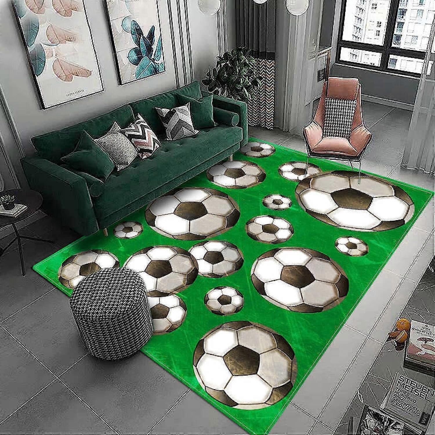 Game Room Carpet 3D Football On Green Lawn Design 140 X 200 Cm Indoor NonSlip Floor Mat Soft Touch Polyester Fiber