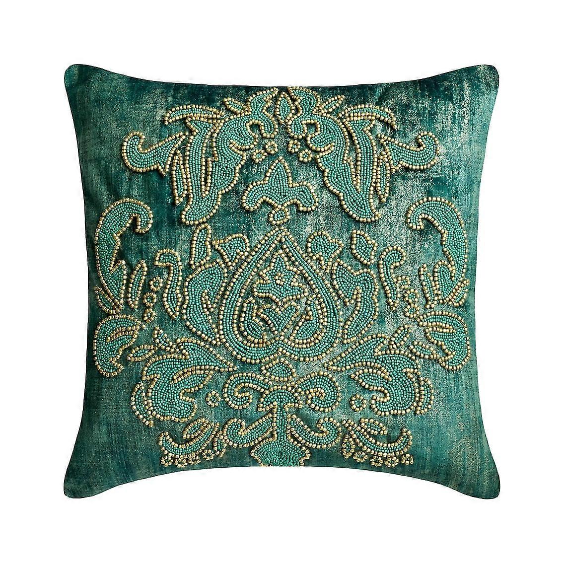 Custom Pillow Case, Teal 24"x24", Suede Damask Beaded & Embroidered, Abstract Modern Style - Aureate Teal