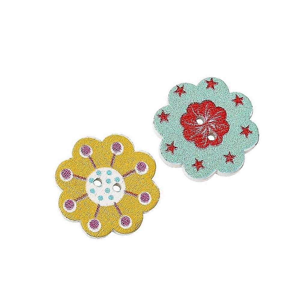 Flower Button Wooden 2-Hole Buttons for Sewing 100Pcs Assorted Color