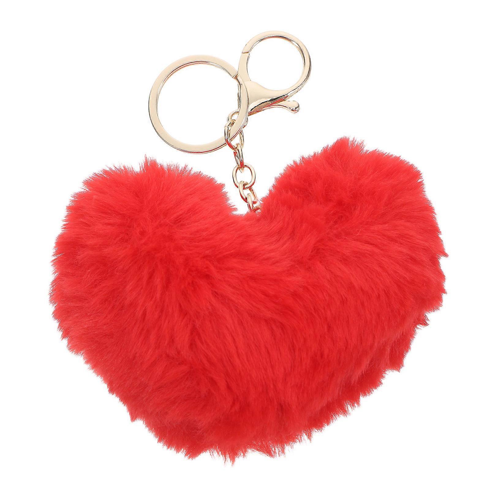 Red Heart Shape Key Chain for Decoration 3Pcs Furry Ball Bag Pendant