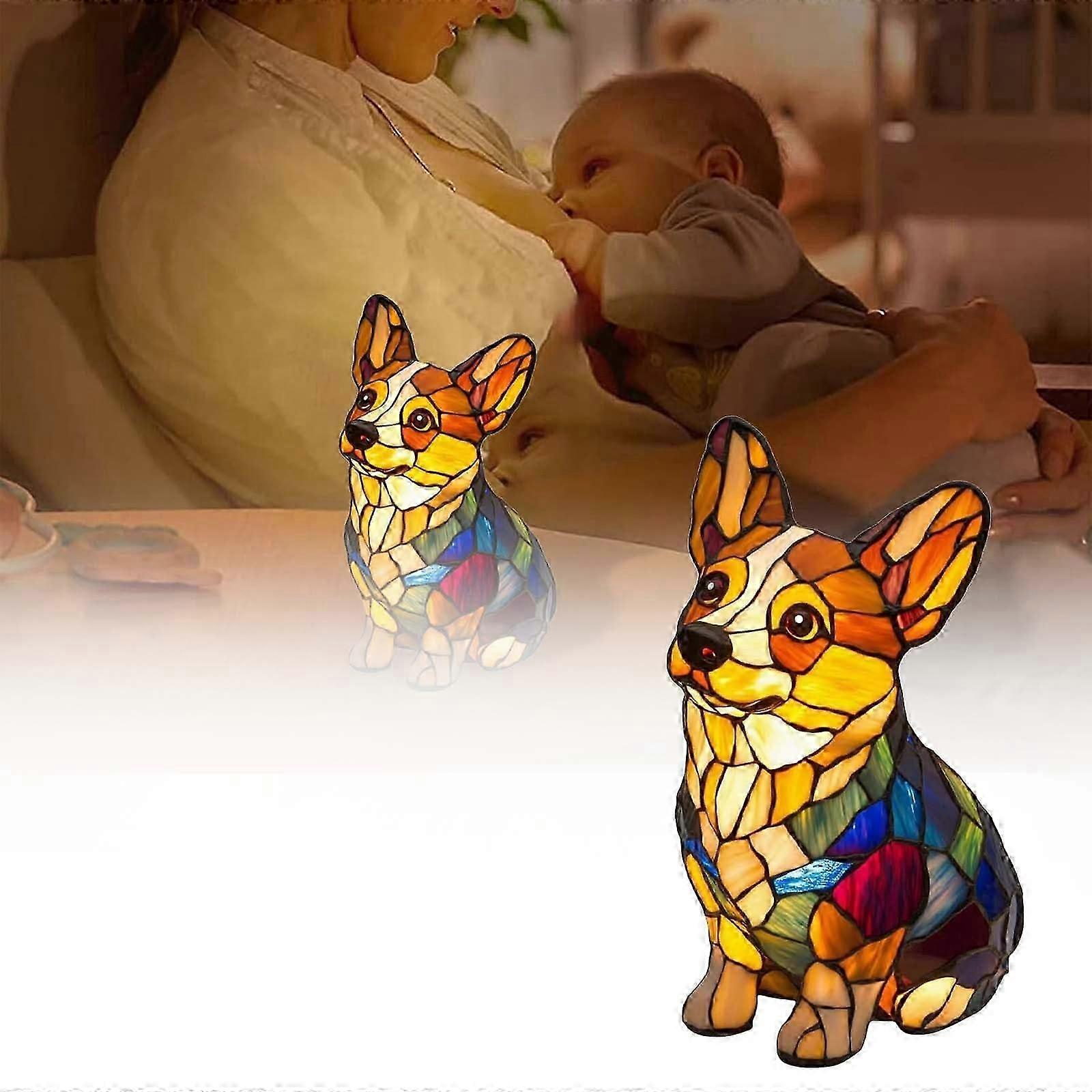 Veilleuse d’art de la série de chiens, lampe Corgi, veilleuse en résine de table tachée, mignon chien de compagnie sur le thème