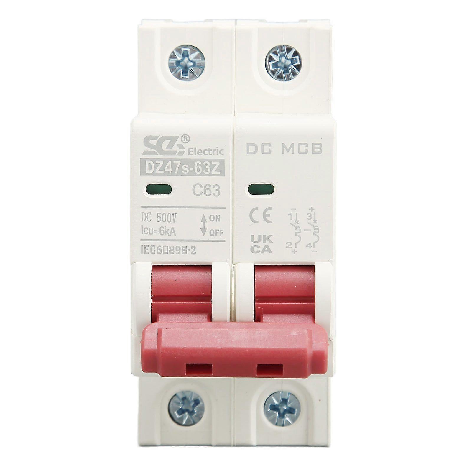 DC Miniature Circuit Breaker 2P 63A DC500V 6000A Breaking Capacity DIN Rail Mount for Solar PV System DZ47s 63Z C63