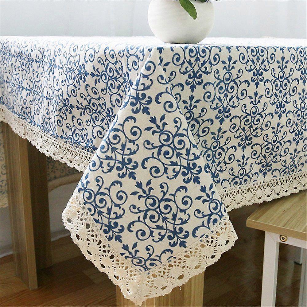 Linen Cotton Tablecloth Blue Flower Printed Rectangular Dustproof Table Cover For Wedding Party Hotel Assorted Sizes