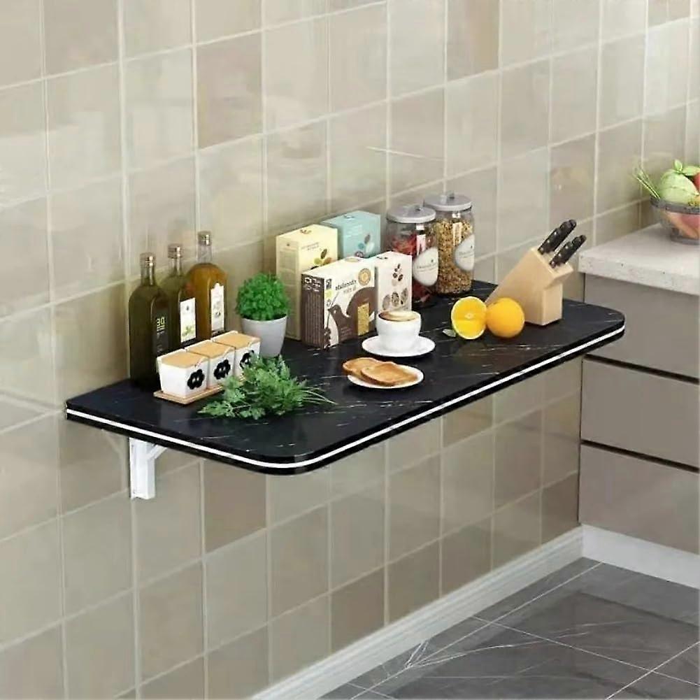 Wall Mounted Folding Table Drop Leaf Floating Desk Laptop Compatible Space Saving Wall Shelf Black Marble 60x25cm