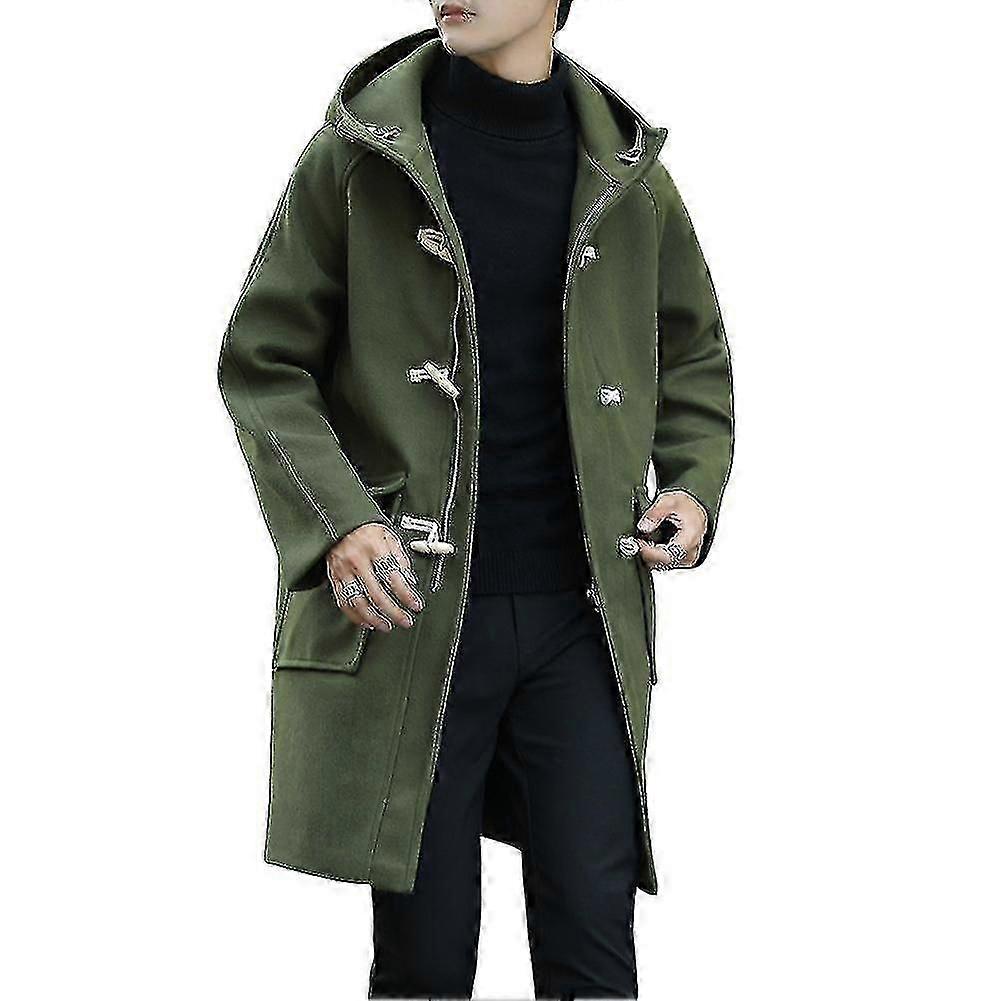 Mens Thick Solid Color Horn Button Woolen Hooded Overcoat