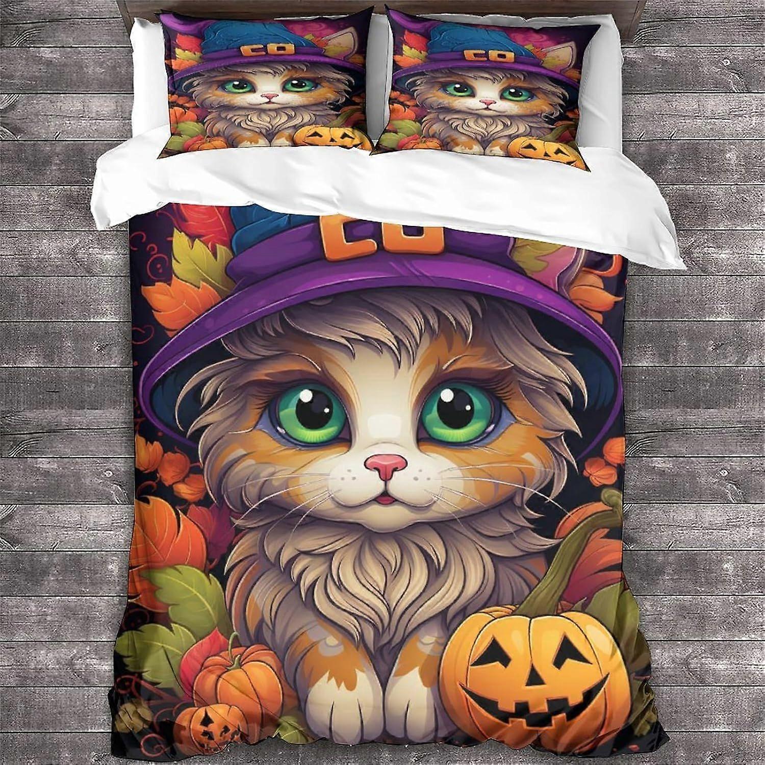 LikeEj Cat Duvet Capa Halloween Padrão Impresso Cama Capa Edredom com fechamento com zíper, Soft Microfiber Animal Bedding Set