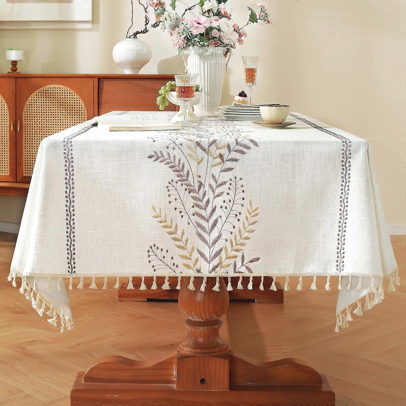Waterproof Cotton Linen Tablecloth with Rustic 3D Embroidery and Tassels, Wrinkle Resistant 55x75 Inch Rectangular Coffee Fern for Dining