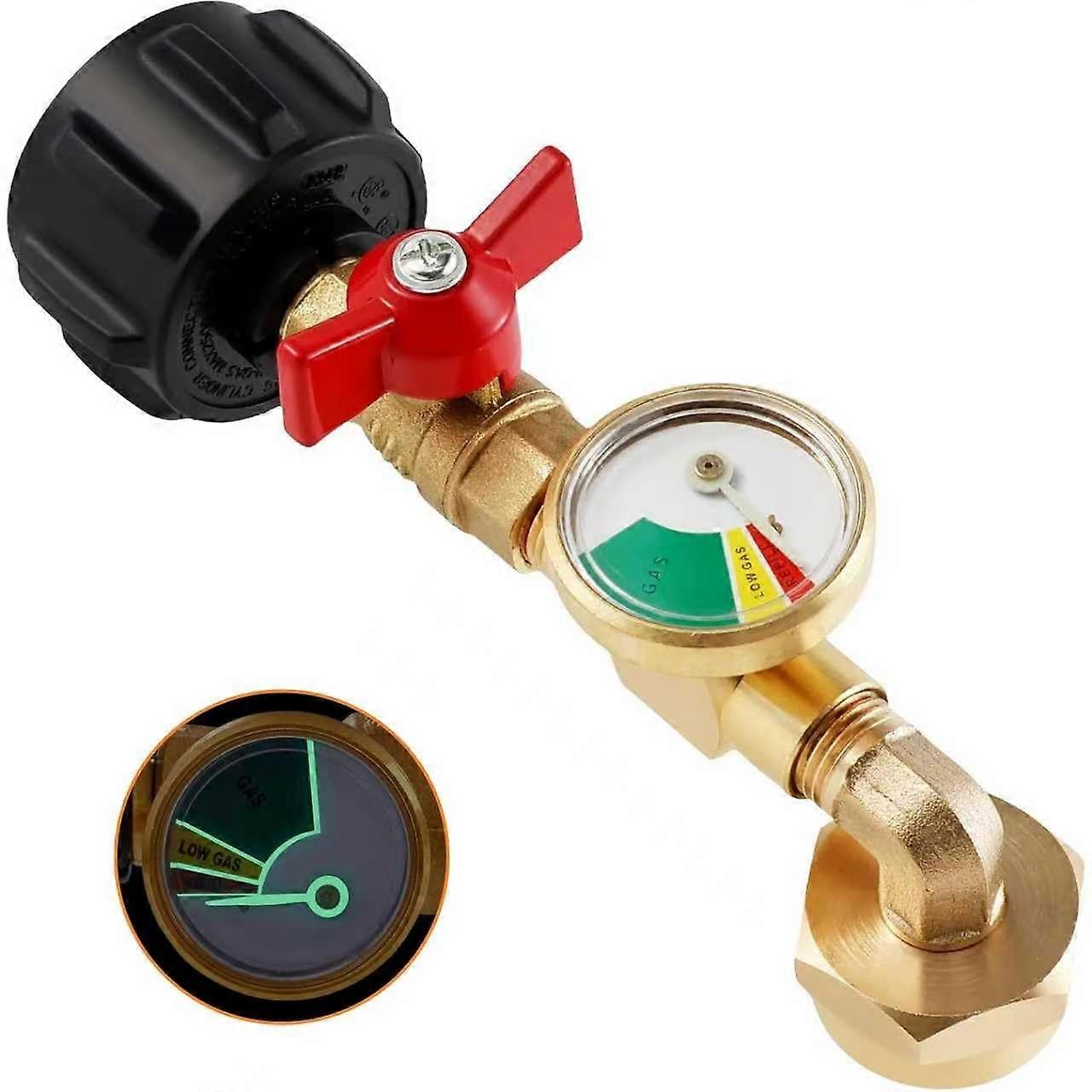 Propane Refill Adapter with Gauge and Valve for 1 lb Cylinder from 40 lb Tank, 90° Elbow Design