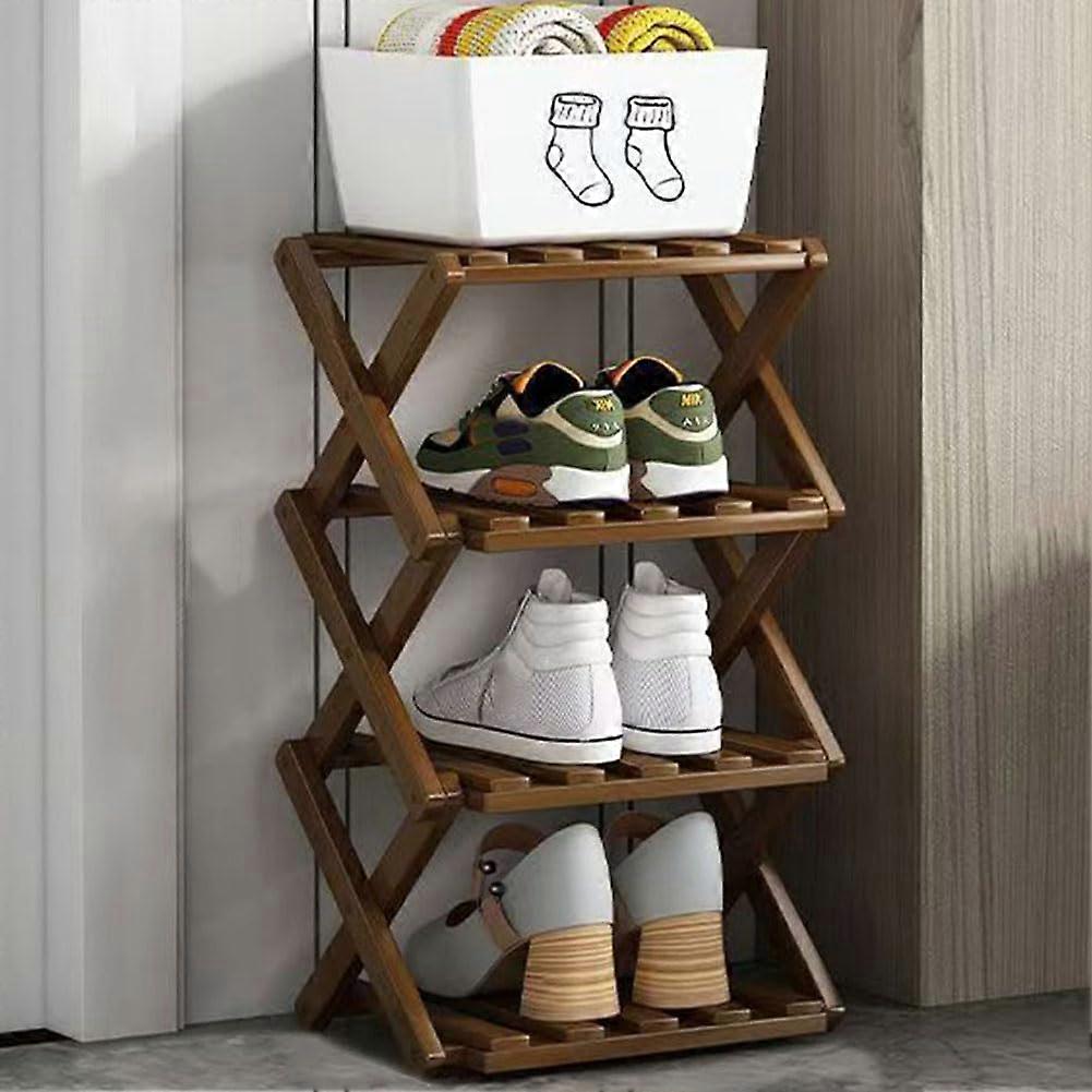 Front Door Shoe Rack SpaceSaving Wooden Folding Organizer for Entryway Corner, 4Tier Brown