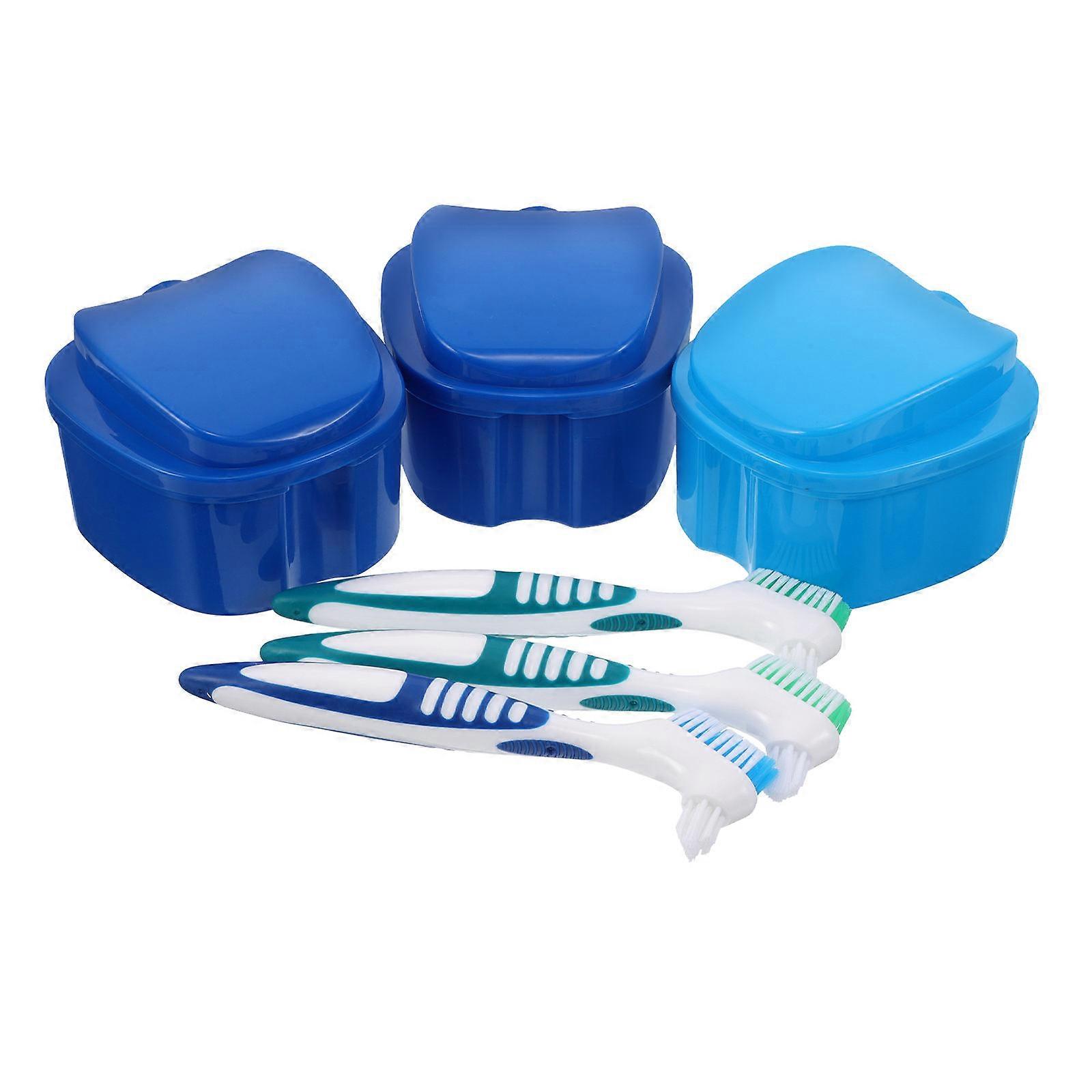 Denture Storage Case 3Sets with Brush for Travel Cleaning and Soaking Compact Box