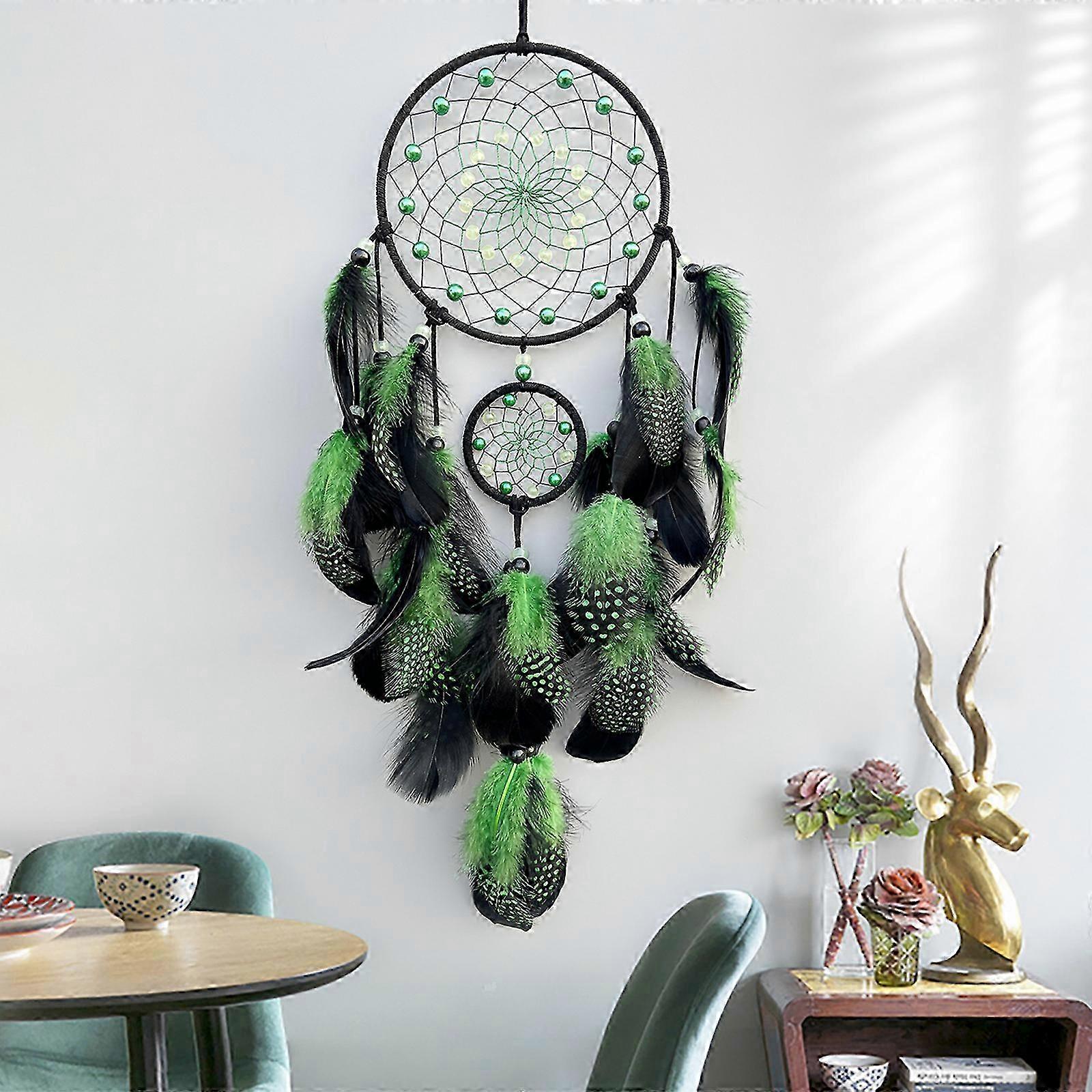 ドリームキャッチャーハンギングオーナメント、暗いビーズで光る、羽毛のタッセル、風鈴、車や家の壁の装飾、茶色
