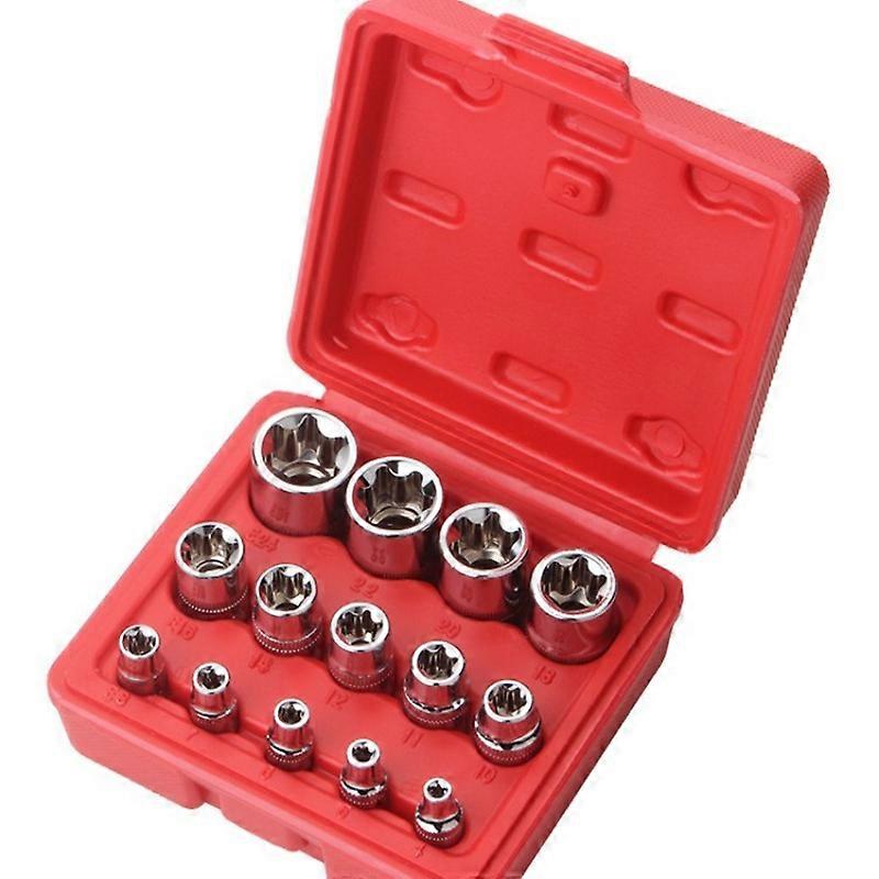14Pcs E-Torx Hexagonal Plum Torque Socket Set with Case 1/4, 3/8, 1/2 in Drive Female External Star Socket Set E4-E24 Sockets