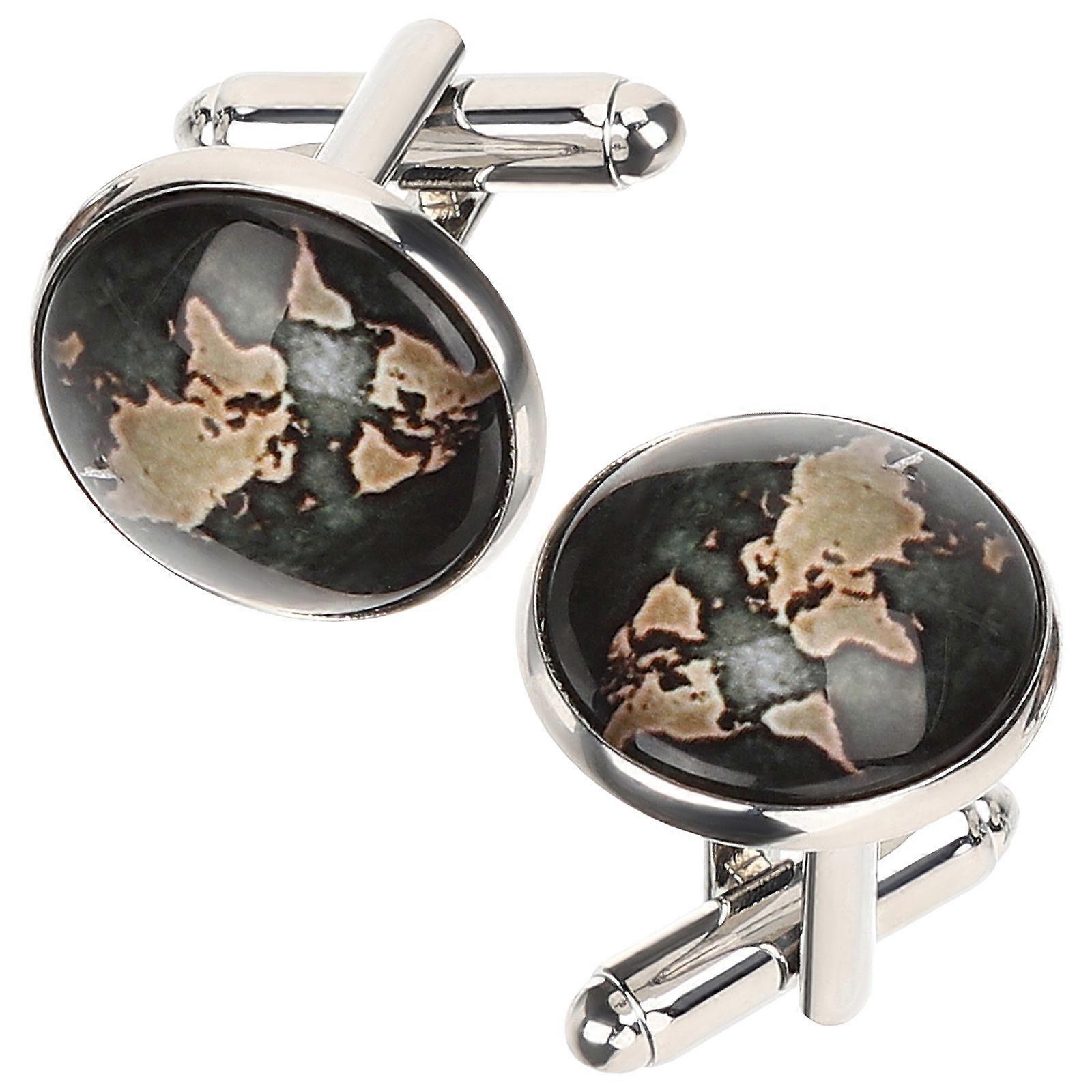 2Pcs Silver Suit Cuff Links for Men with World Map Design