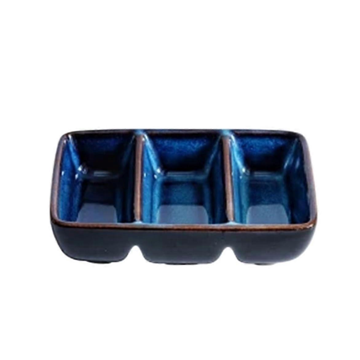 2pcs Rectangular Ceramic Sauce Dish with TripleGrid Design for Sushi and Condiments, Blue