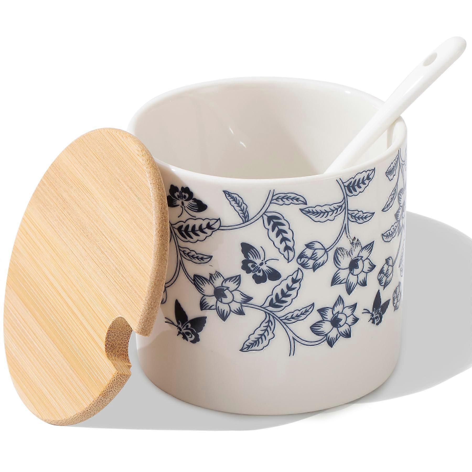 Salt Cellar with Lid and Ceramic Spoon, 9oz Ceramic Salt Box for Kitchen Countertop Cooking