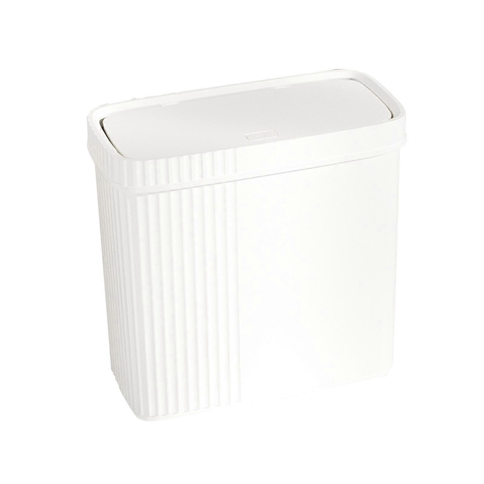 Slim Bathroom Trash Can with Press Button Lid, Narrow Rectangular Waste Bin for Small Spaces, White