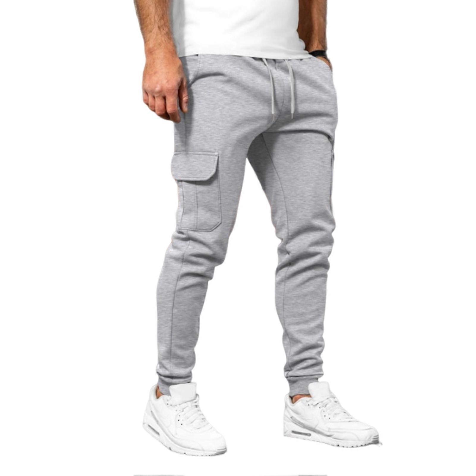 Men Winter Sweatpants Drawstring Waist Fleece-Lined Jogger Pants with Multiple Pockets Solid Color