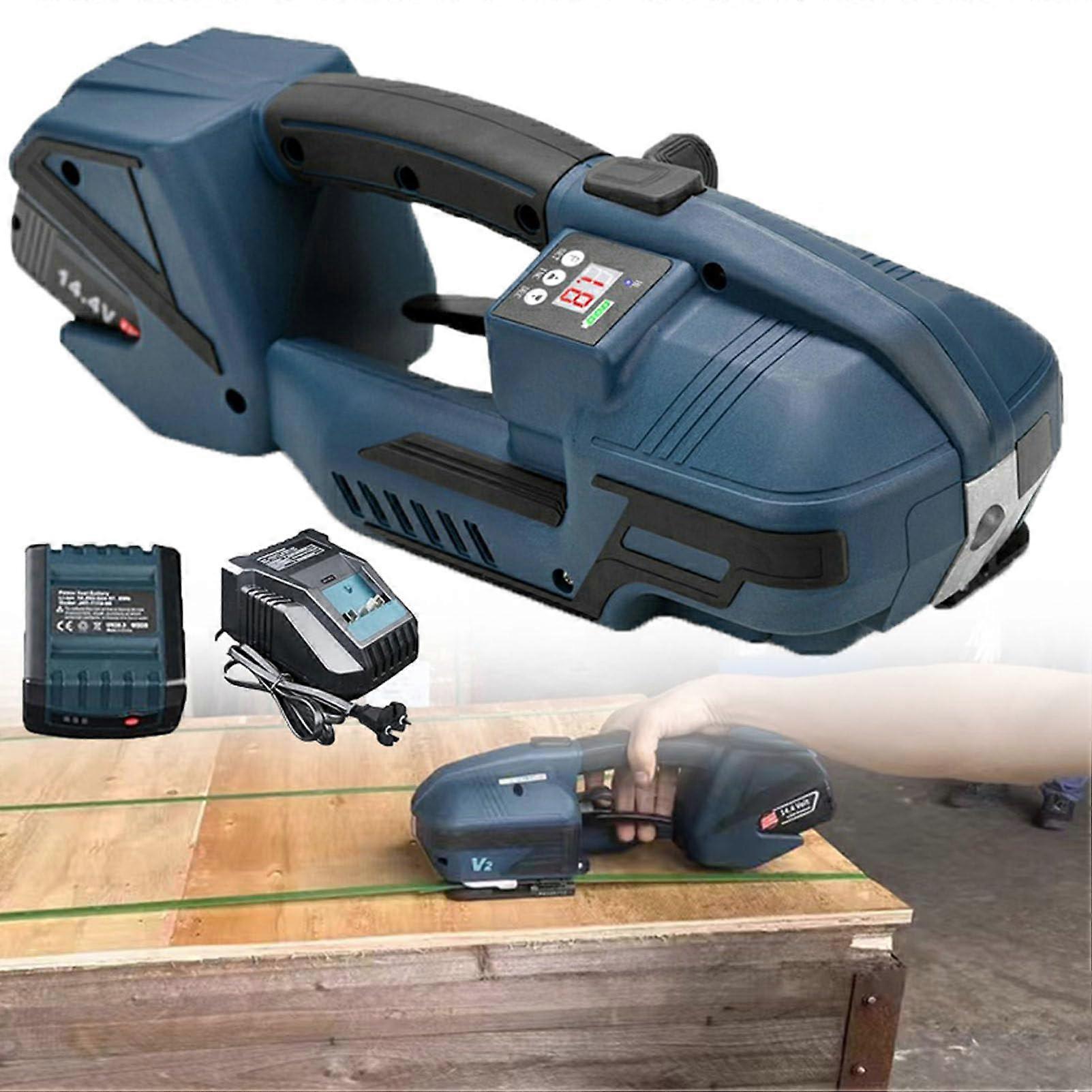 Electric Strapping Machine with Automatic Tensioning, Battery Powered Tool for PP PET Straps, 2 Batteries