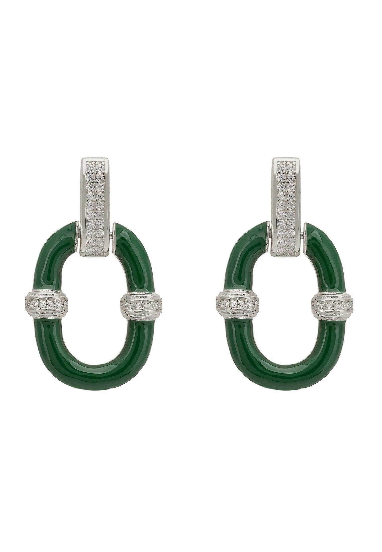 Emerald Green Enamel Oval Drop Earrings Silver