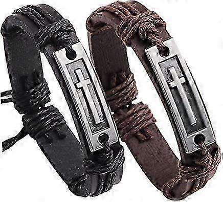 2-Pack Adjustable Leather Cross Bracelets for Men & Teens
