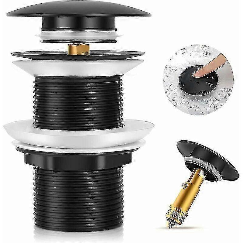 Universal black sink drain without overflow, automatic pop-up for countertop basin.