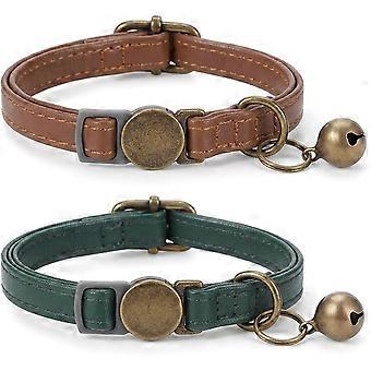 Cat Collar 2 Pcs, Soft Comfortable Adjustable PU Leather with Bell for Cats Kittens and Puppies