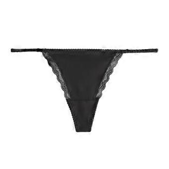 Satijnen stringbroek met stretch, satijnen materiaal en kantafwerking. Damesondergoed, model T-broek, lage taille.