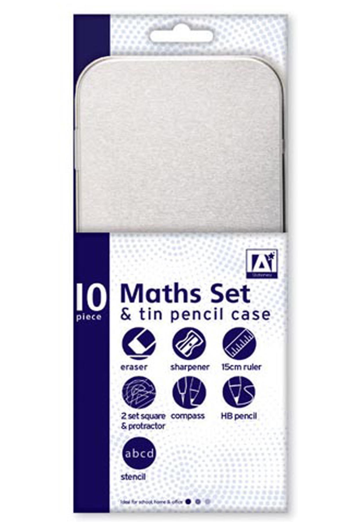 10 Piece Maths Geometry Set & Tinned Pencil Case