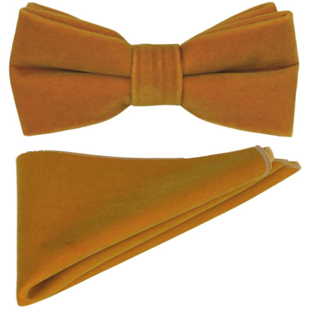 Dark Gold Velvet Bow Tie &amp; Pocket Square Set
