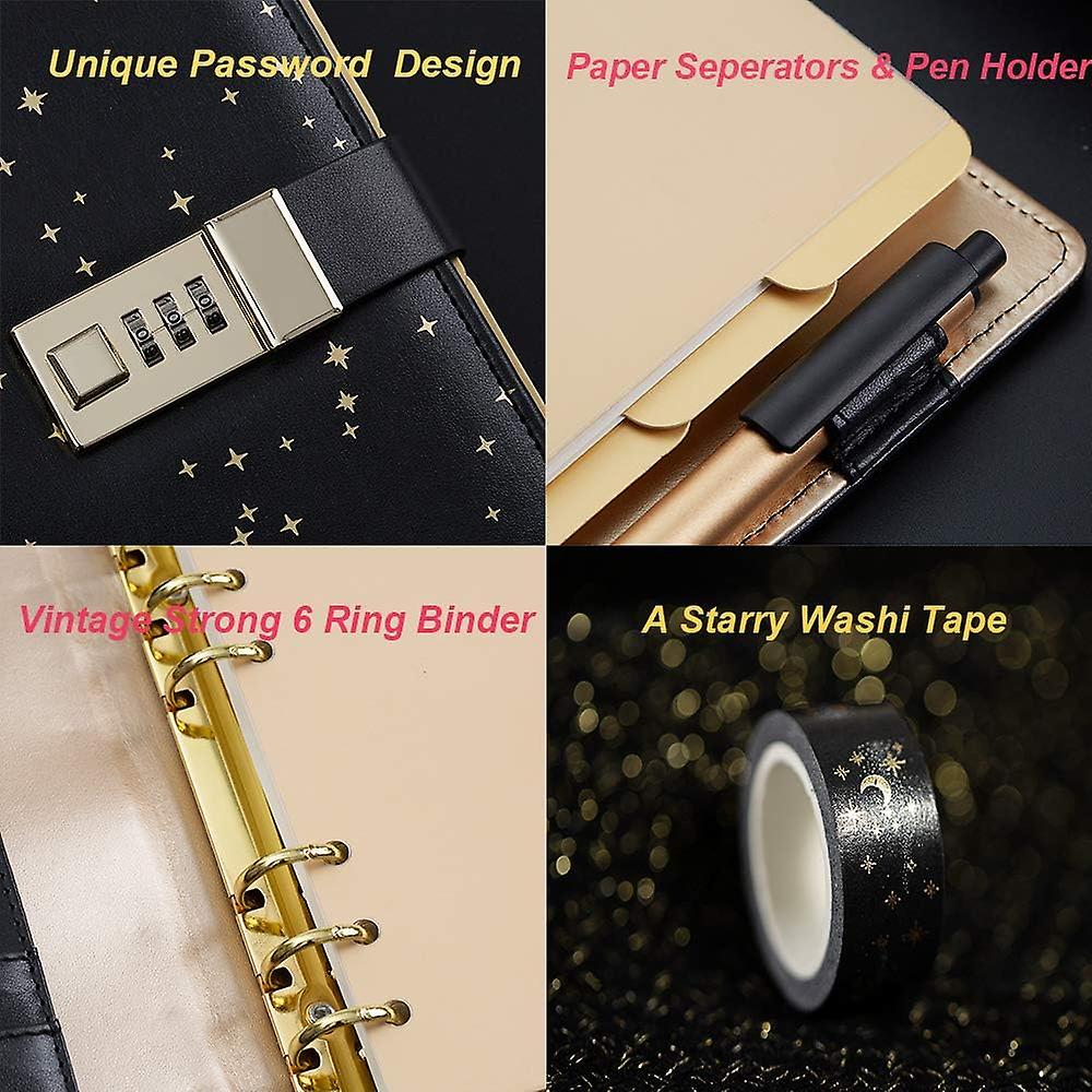Leather Binder Diary With Tape, Stars Combination Lock Journal,6 Ring Binder Notebook Personal Writing Diary