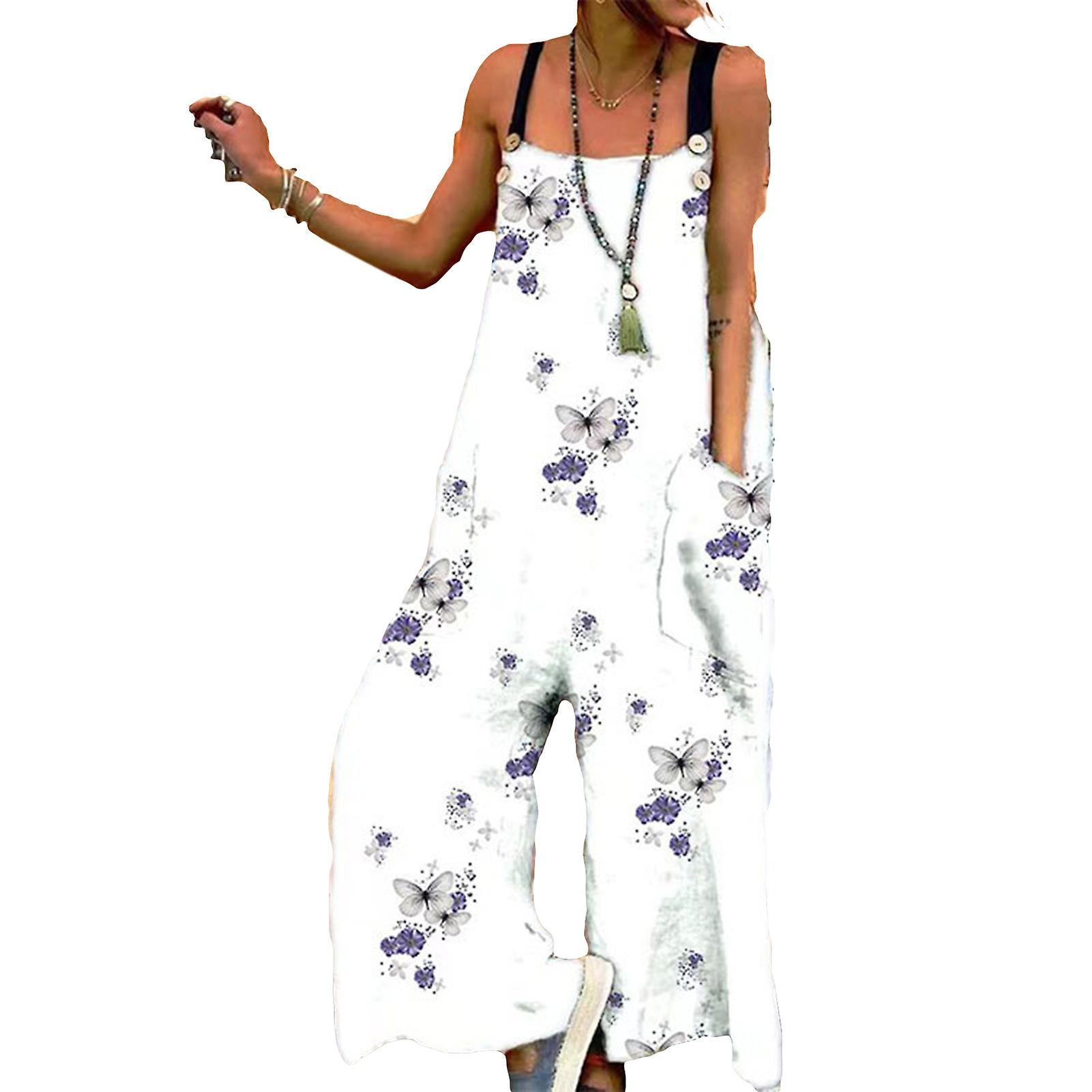 Fianao Women Romper Sleeveless Oversized Adjustable Straps Flower Print Deep Crotch Lady Jumpsuit