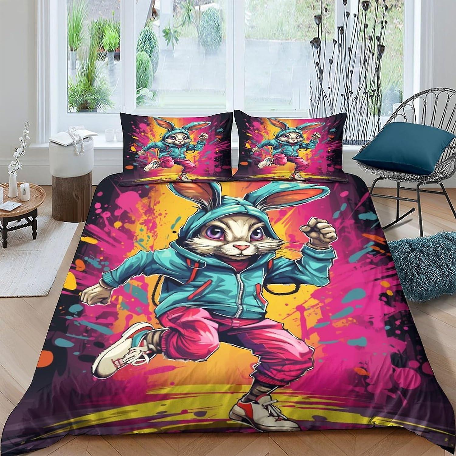 Trendigt kanintäcke 3D-tryck sängkläder set Dekorativ 3-delad uppsättning konst Cool påslakan Set Överkast med örngott Mjuk mikrofiberdragkedja