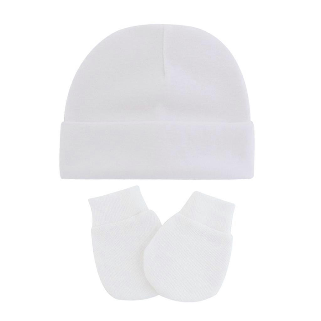 Baby Solid Color Soft Cotton Comfy No Scratch Mittens Cute Turban Beanie Cap Kit