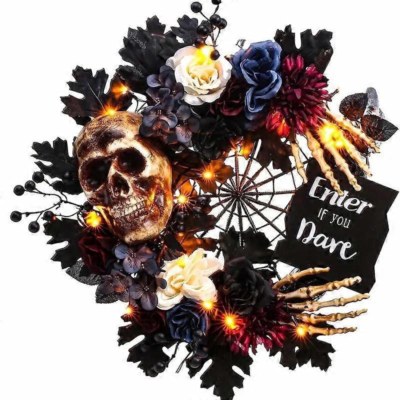 Nnetm Eerie Illuminations: Skull Wreath With Spider Web And Leds Awo33927
