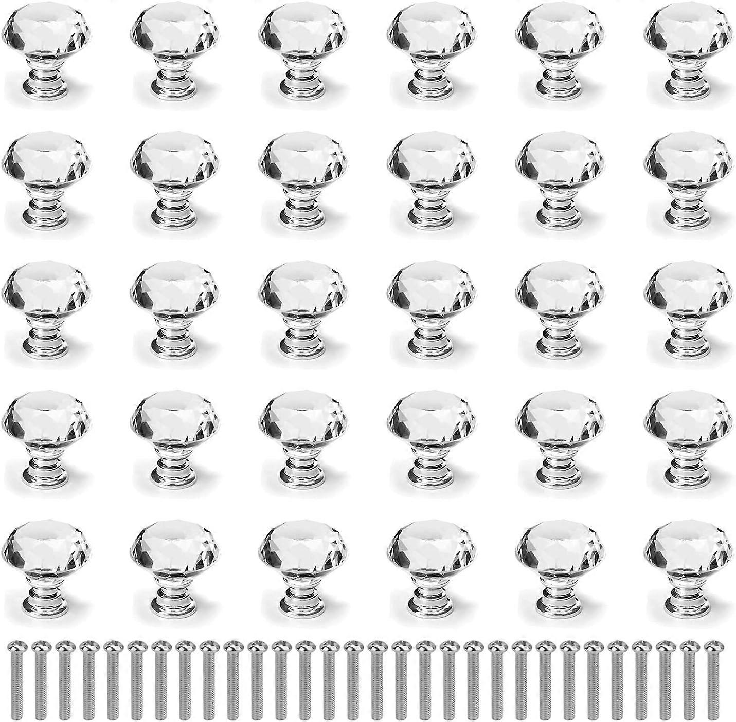 30pcs Clear Diamond Crystal Door Knob Pulls 30mm Drawer Pulls with Scr MMU