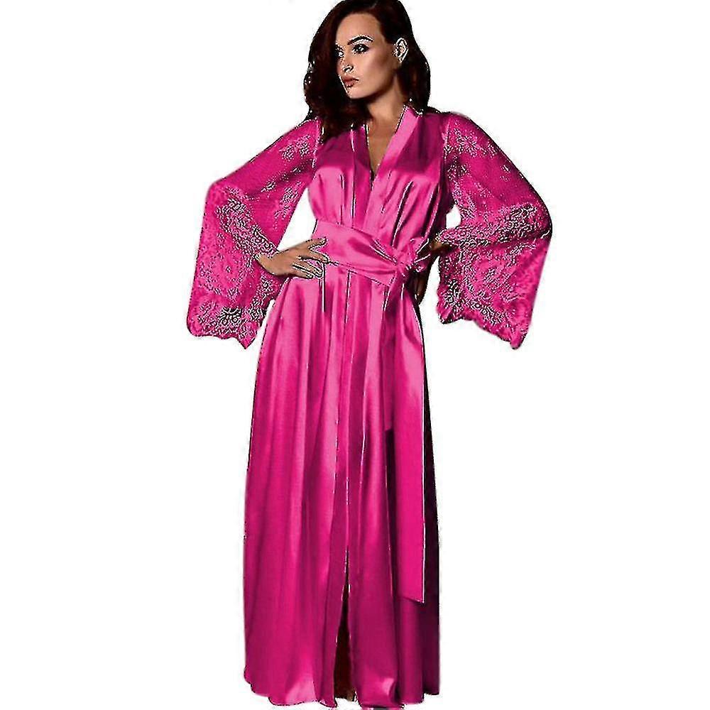 Kadın Saten Uzun Gece Elbisesi İpek Dantel İç Çamaşırı Gecelik Pijama Robe_y A