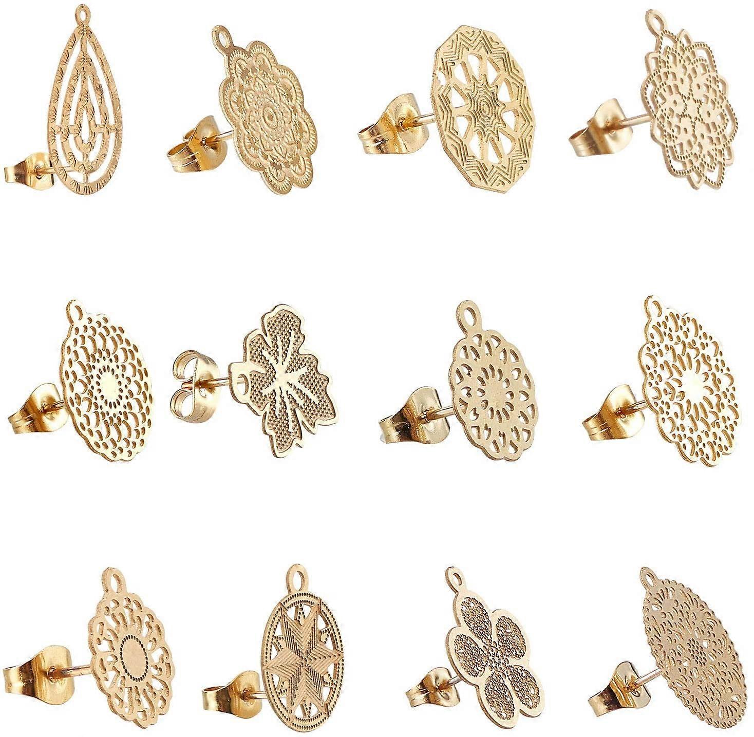 24pcs 12Styles Golden Flower Stud Earring Findings 304 Stainless Steel Ear Stud Component with Loop Butterfly Stoppers 0.7mm Pin Mixed Shapes Earring 