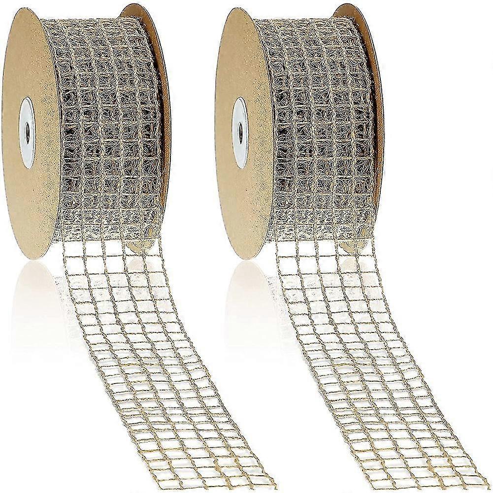 2 Rolls 20 Yards By 2.5 Inch Christmas Mesh Burlap Wired Ribbon Open Weave Burlap Net Ribbon Natura
