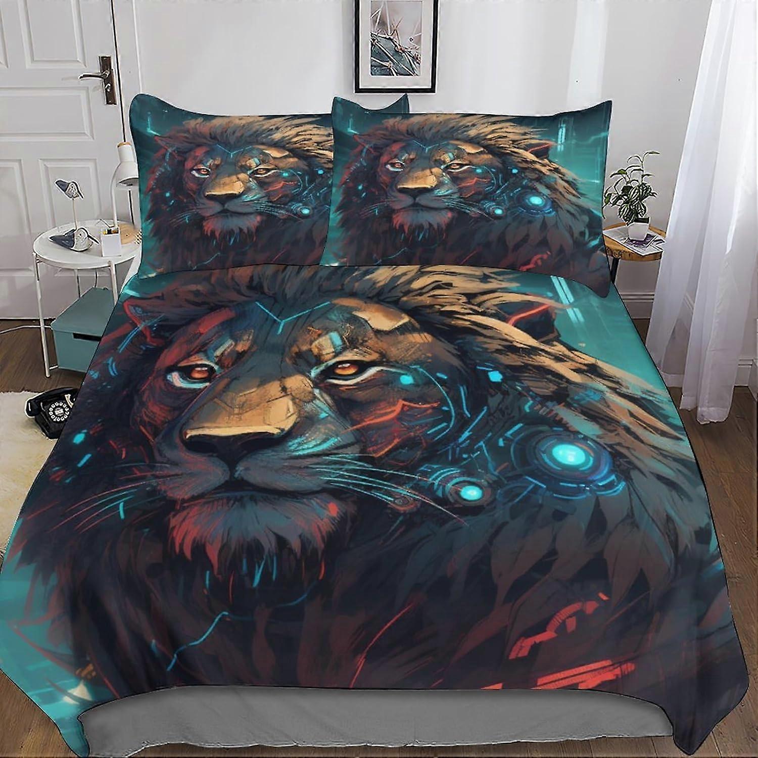 Lion 3D Print Microfiber Bedding Set, with Cyber Flower Duvet Cover and Pillowcases, Suitable for Boys and Girls with Zipper Closure 3 Pcs Double
