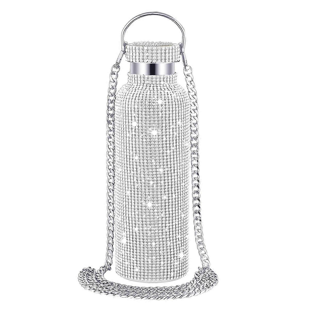 Garrafa de Água Bling com Strass Prateado com Glitter e Corrente de Aço Inoxidável Incrustado com Strass