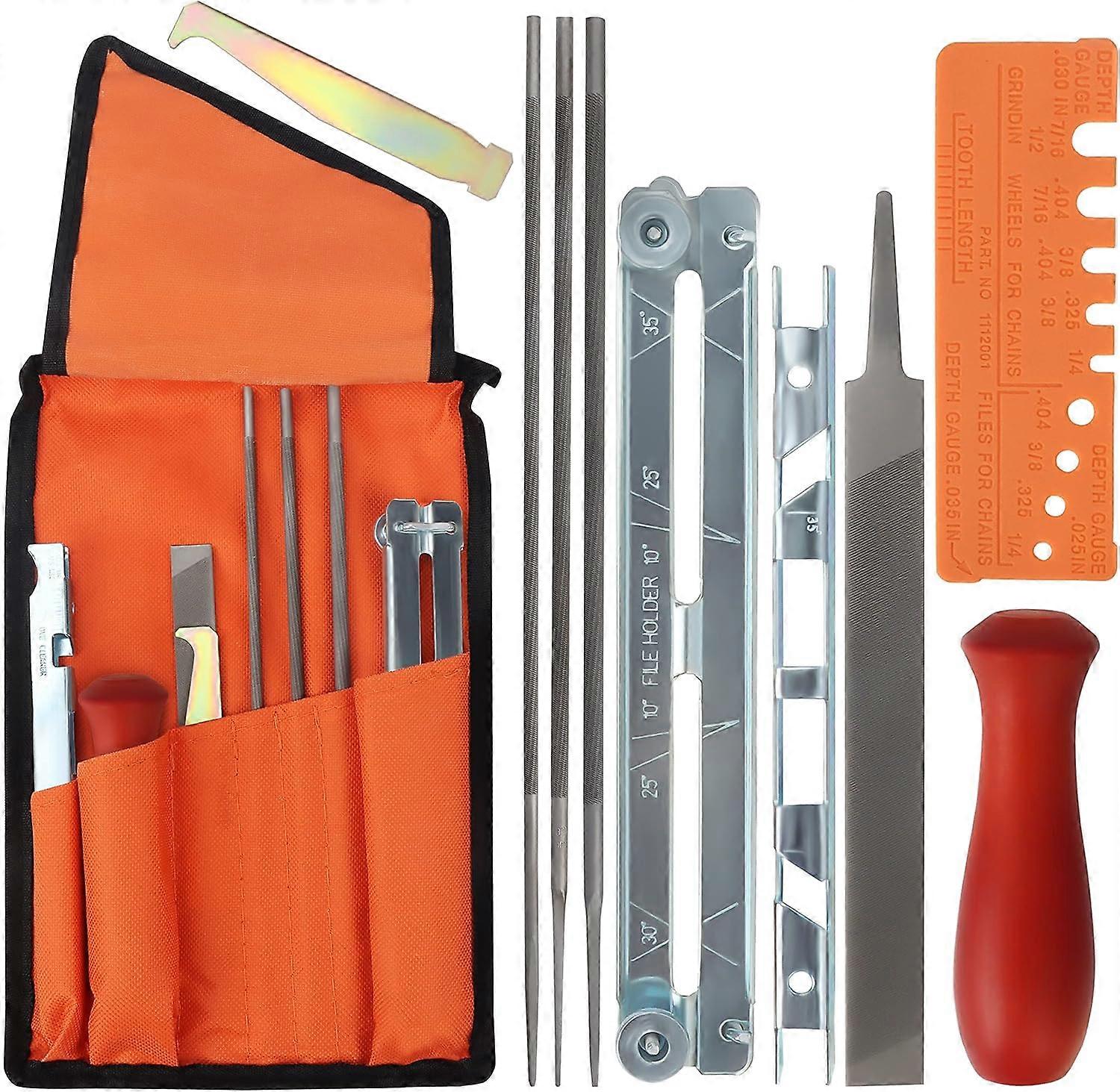 Chainsaw Chain Sharpening Kit - 1 Flat Chainsaw Sharpening File, 3 Round Blades, Wooden Handle, Depth Gauge, Quick Check Gauge, Groove Cleaner and Lam