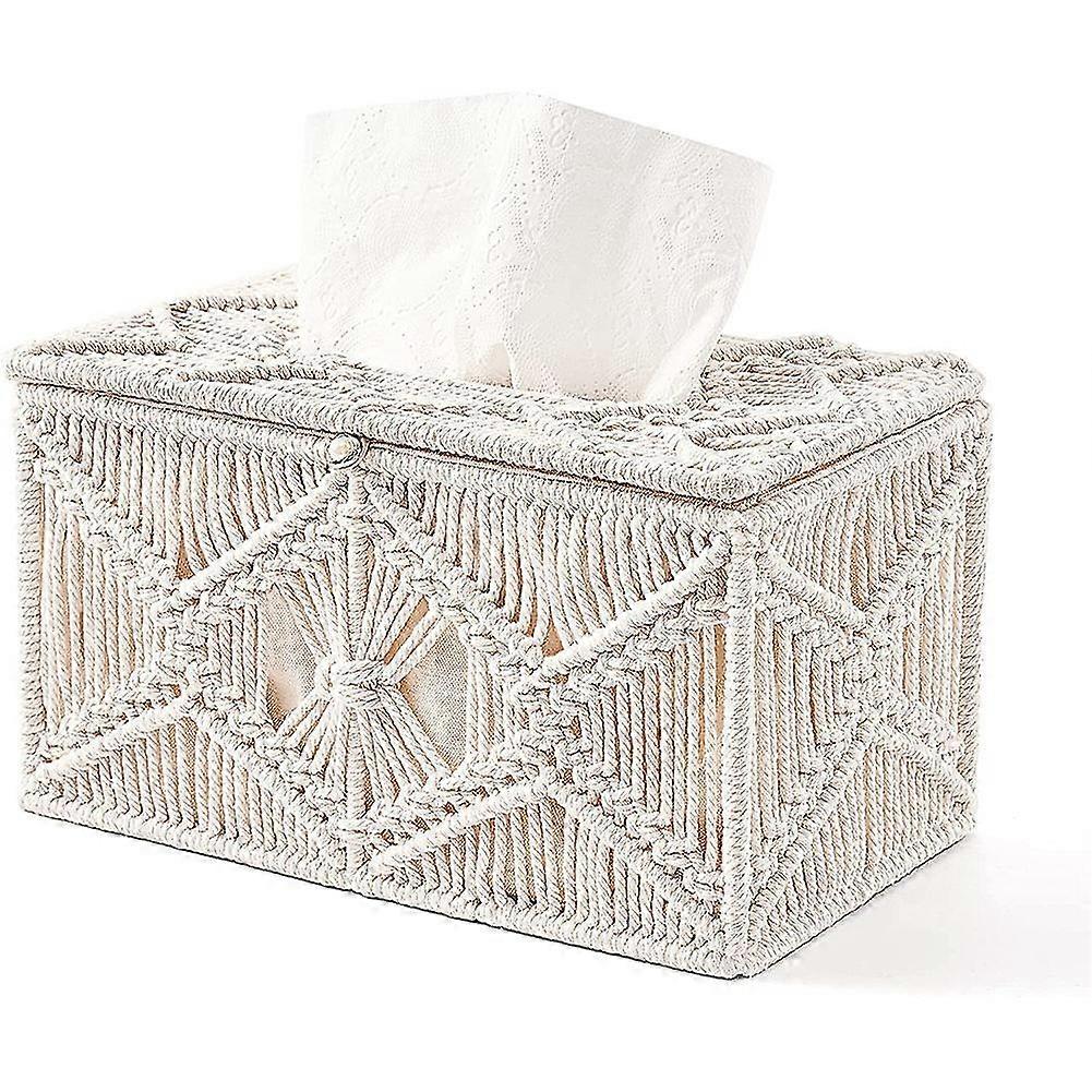 Tissue Box Cover Boho Decor Rectangular Paper Tissue Holder With Bead Buckle Macrame Napkin Tissues