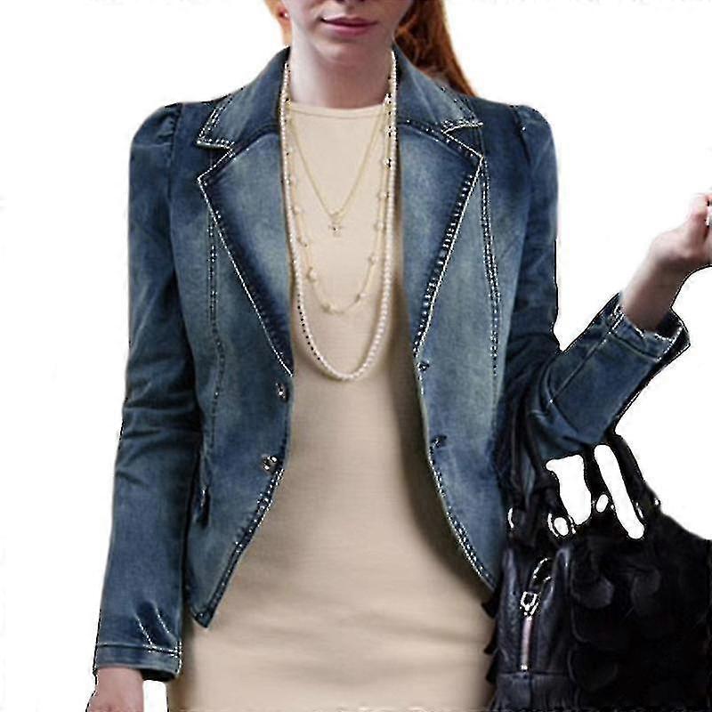 Women Denim Jacket Jean Coat Lapel Outwear Casual Top Plus Size