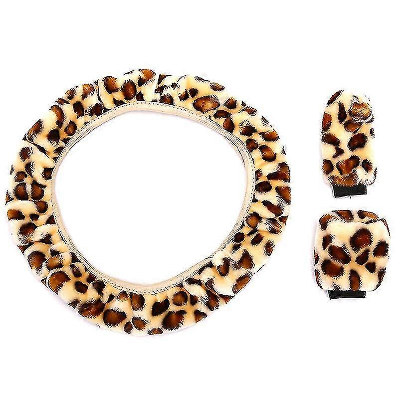 3pcs / Set Leopard Fluff Plüsch Lenkrad Abdeckung Winter Auto Zubehör