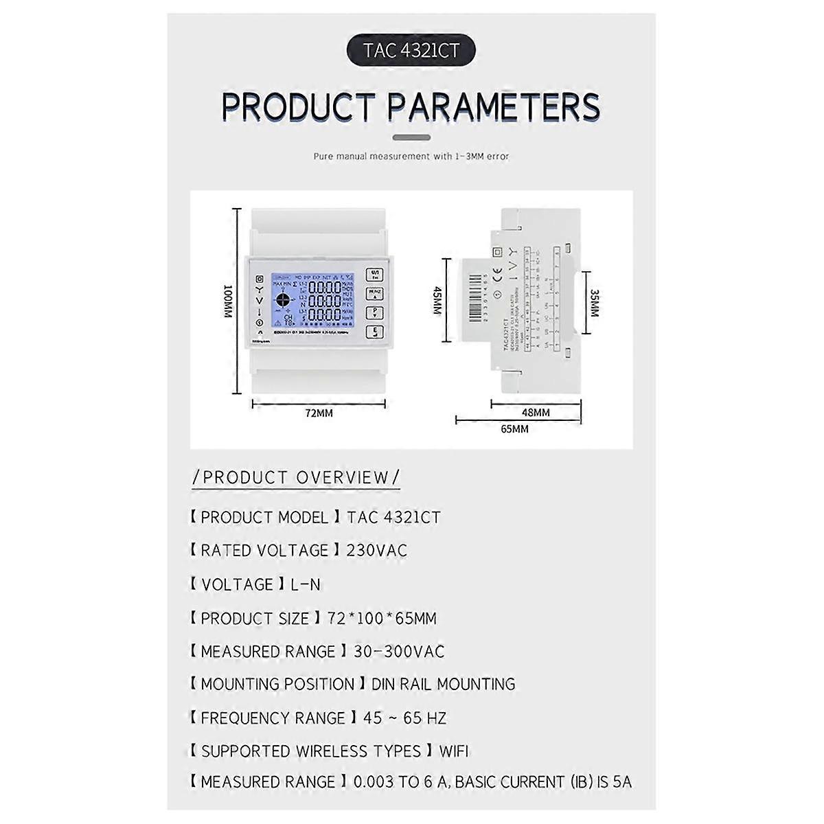 TAC4321CT Three Phase Din Rail WiFi Tuya Mutil-Function Energy Meter with KCT16 Current Transformer 230/400VAC