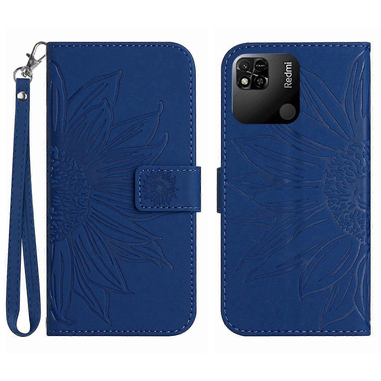 For Redmi 10A Skin-Like Sunflower Embossed Leather Case (Hand Strap) Ht04 Yellow