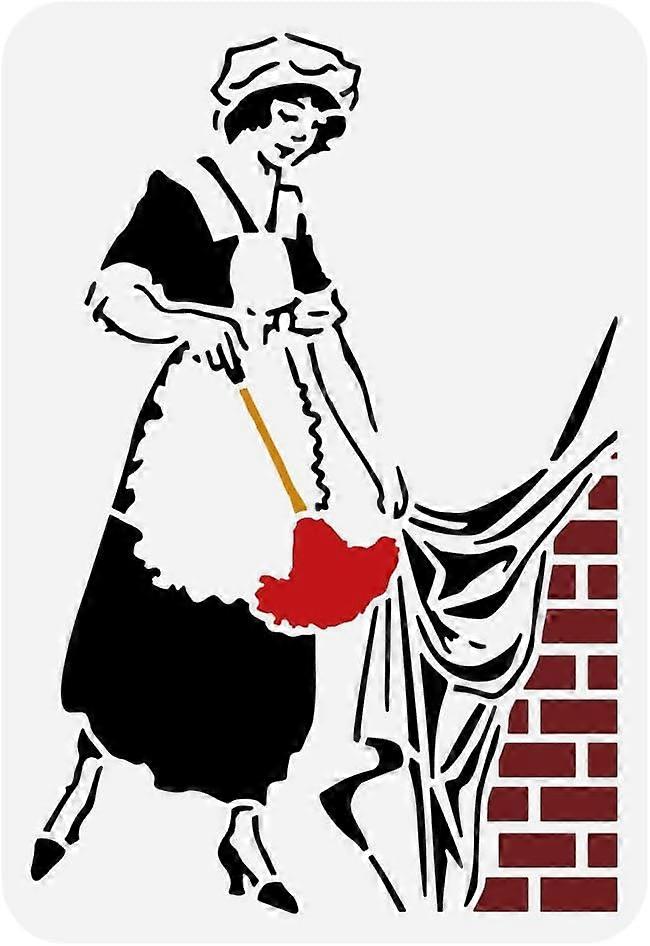 Sweeping Maid Painting Stencil 8.3x11.7inch Large Sweeping Woman Stencil for Painting Reusable Bricks Curtain Pattern Drawing Template Graffiti Art St